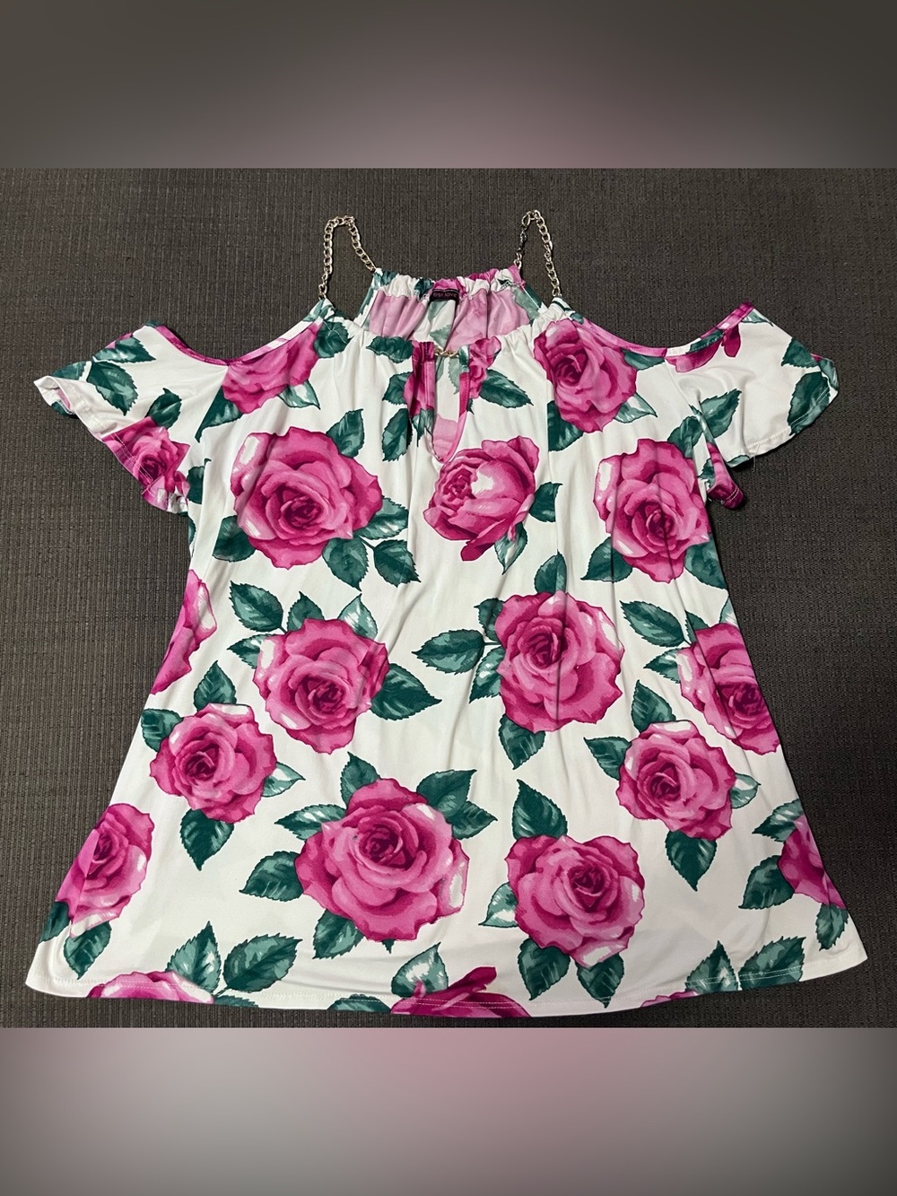 Cold Shoulder Floral Top with Pink Rose Print and Chain Detail